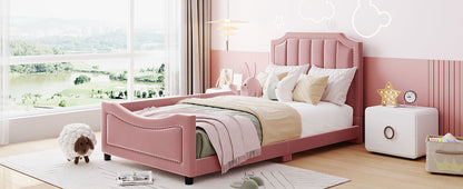 Twin Size Upholstered Daybed with Classic Stripe Shaped Headboard, Pink