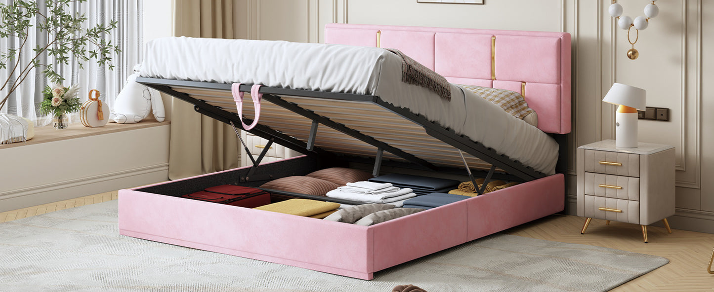 upholstered platform bed with hydraulic storage system, pink