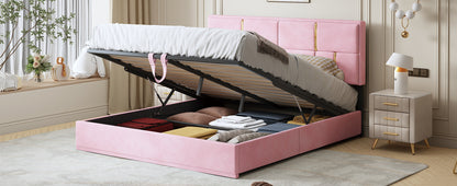 Upholstered Platform Bed with Hydraulic Storage System, Pink