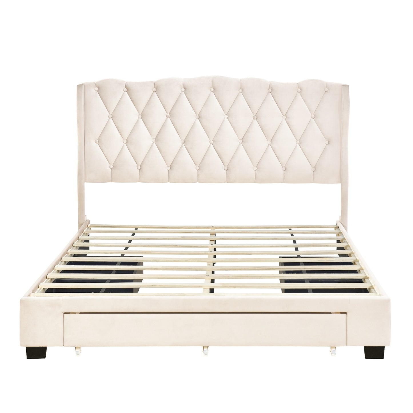 emily upholstered platform bed with tufted headboard and 3 drawers,beige