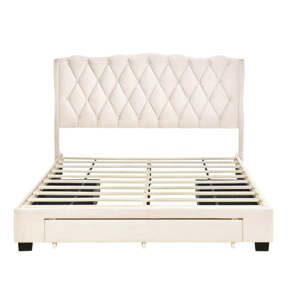 Emily Upholstered Platform Bed with Tufted Headboard and 3 Drawers,Beige
