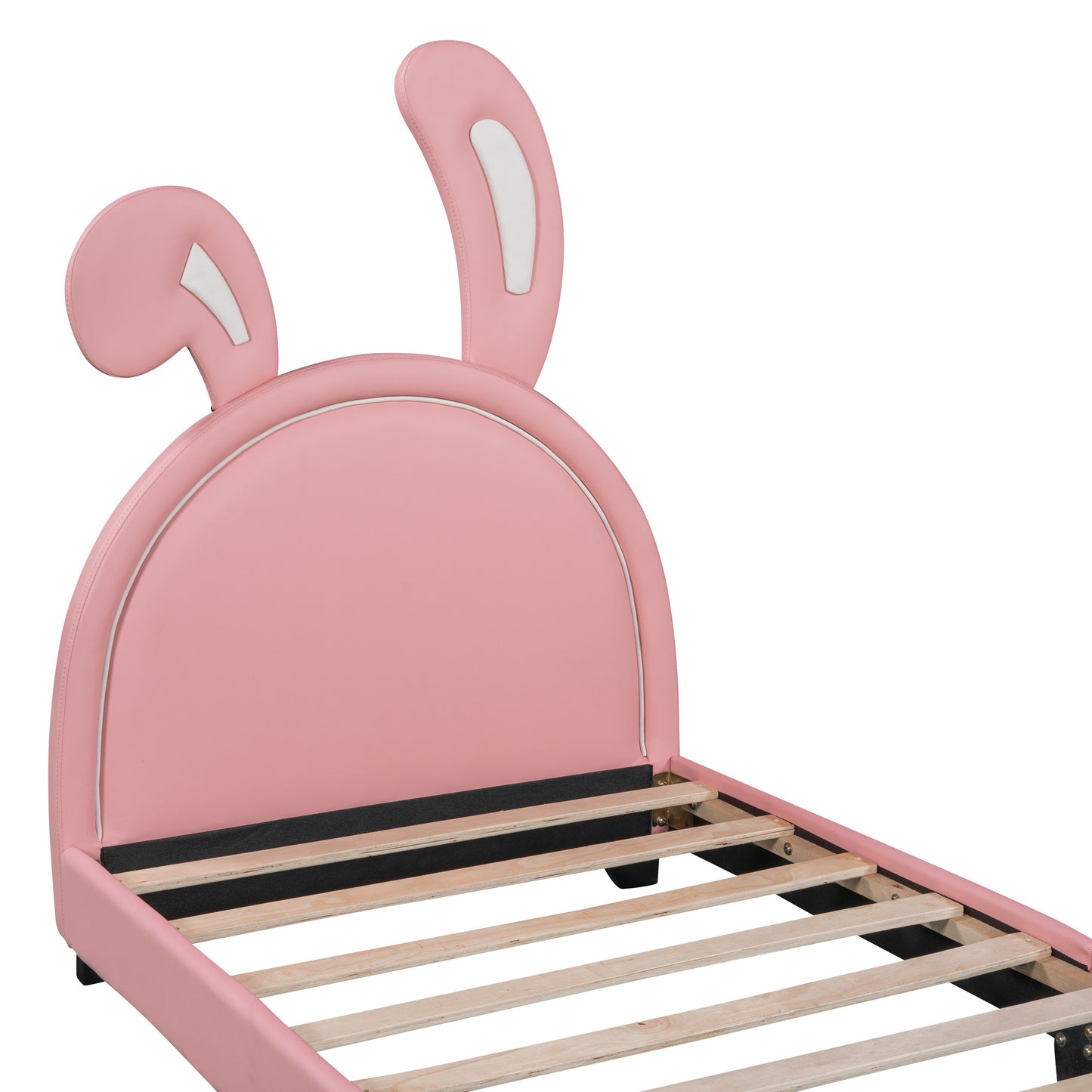 twin size upholstered leather platform bed with rabbit ornament, pink