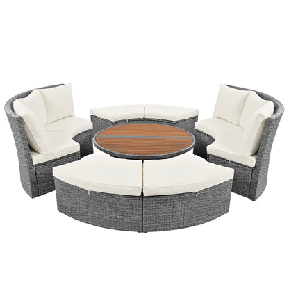 TOPMAX Patio 5-Piece Round Rattan Sectional Sofa Set, Beige