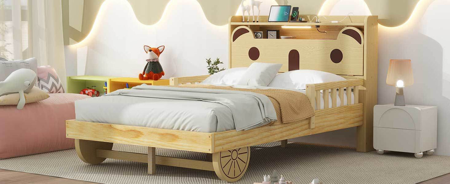 car bed with bear-shaped headboard, usb and led, natural