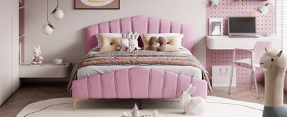 Stylish Velvet Platform Bed with Thick Fabric, Pink