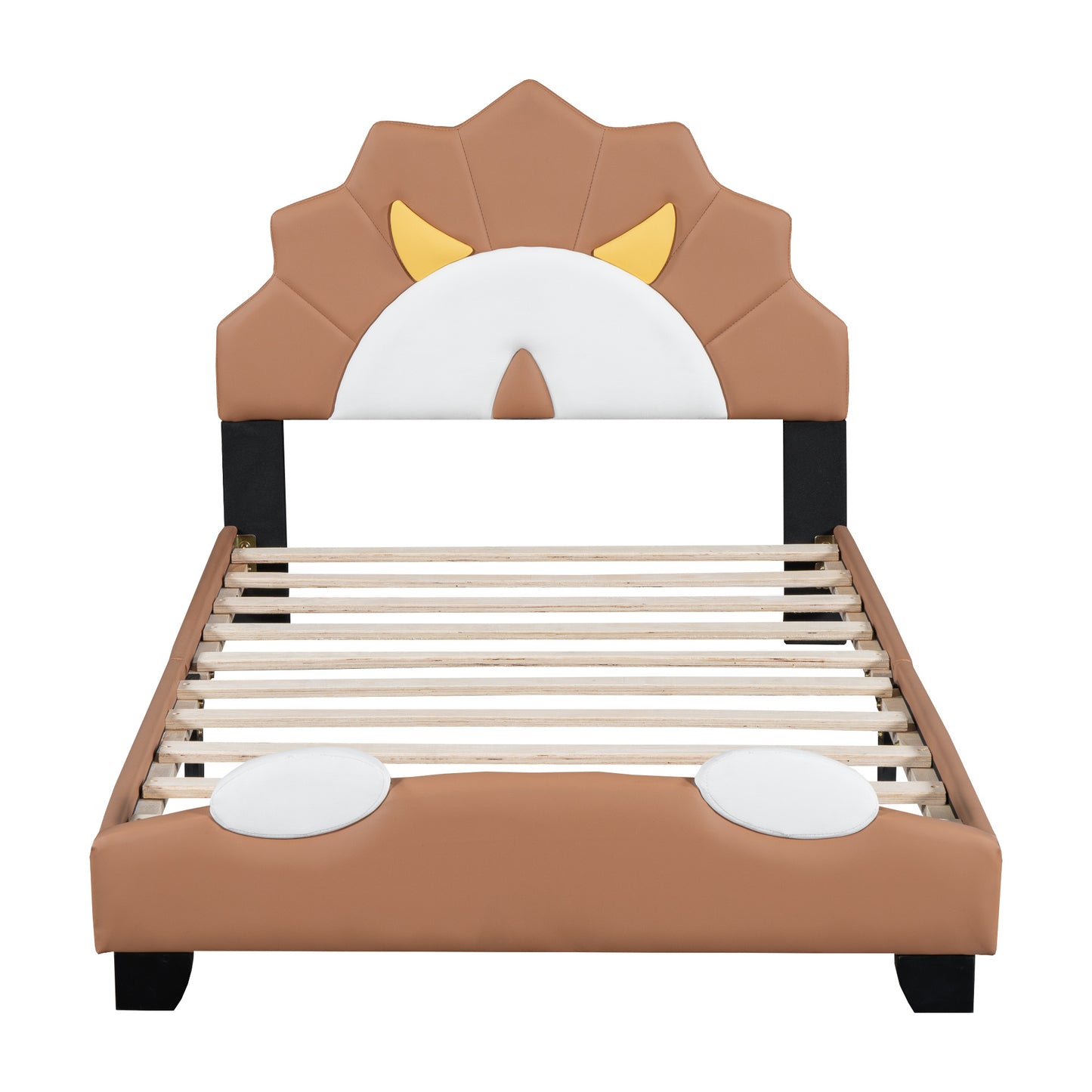 upholstered leather platform bed with lion-shaped headboard, brown