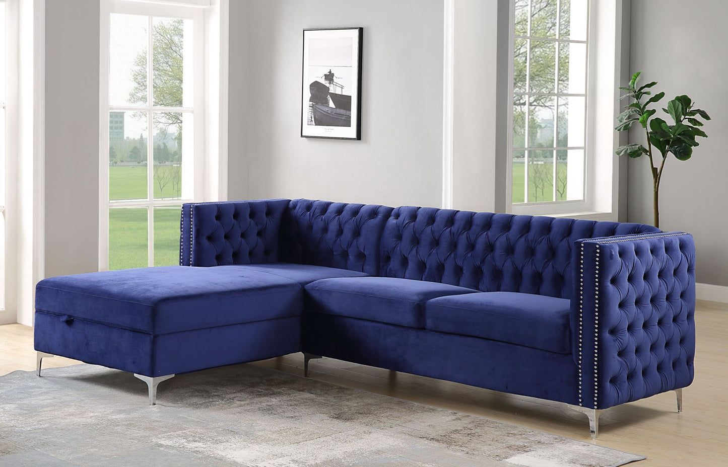acme sullivan sectional sofa with storage, navy blue velvet