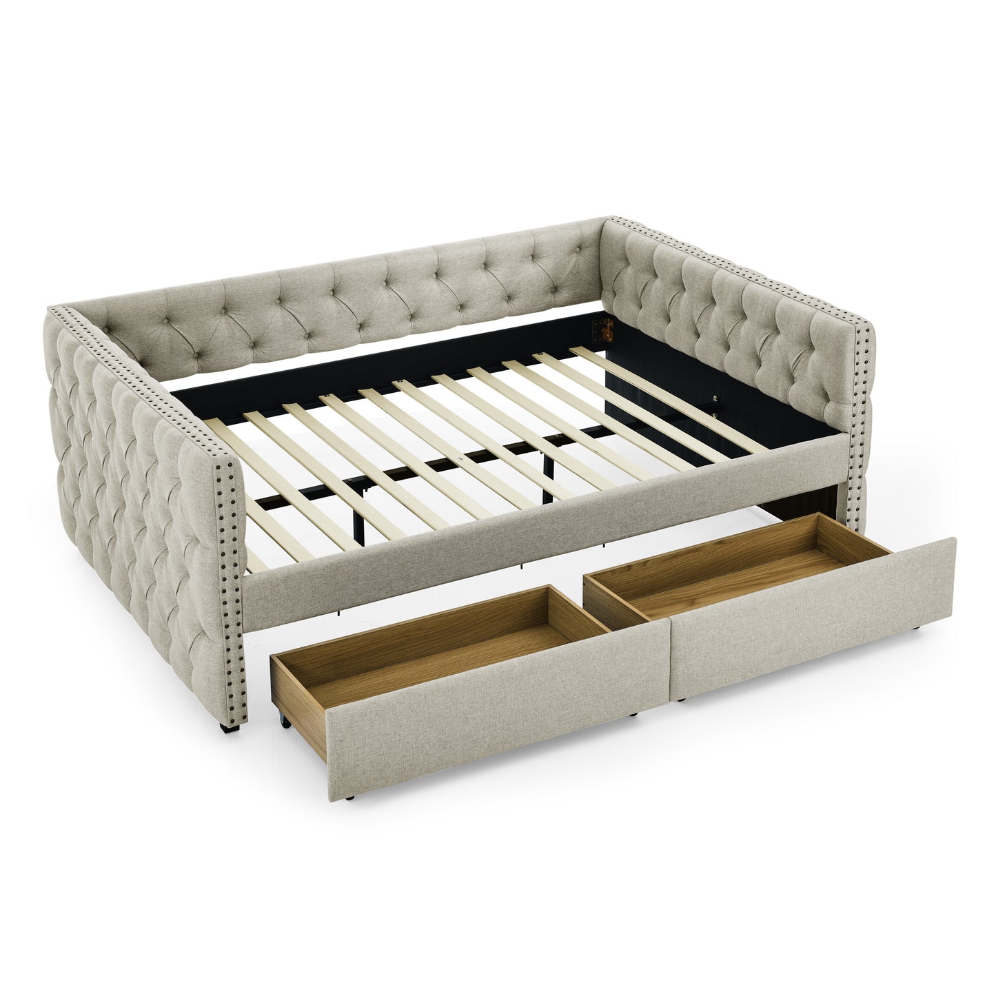 upholstered full size bed with two drawers, beige
