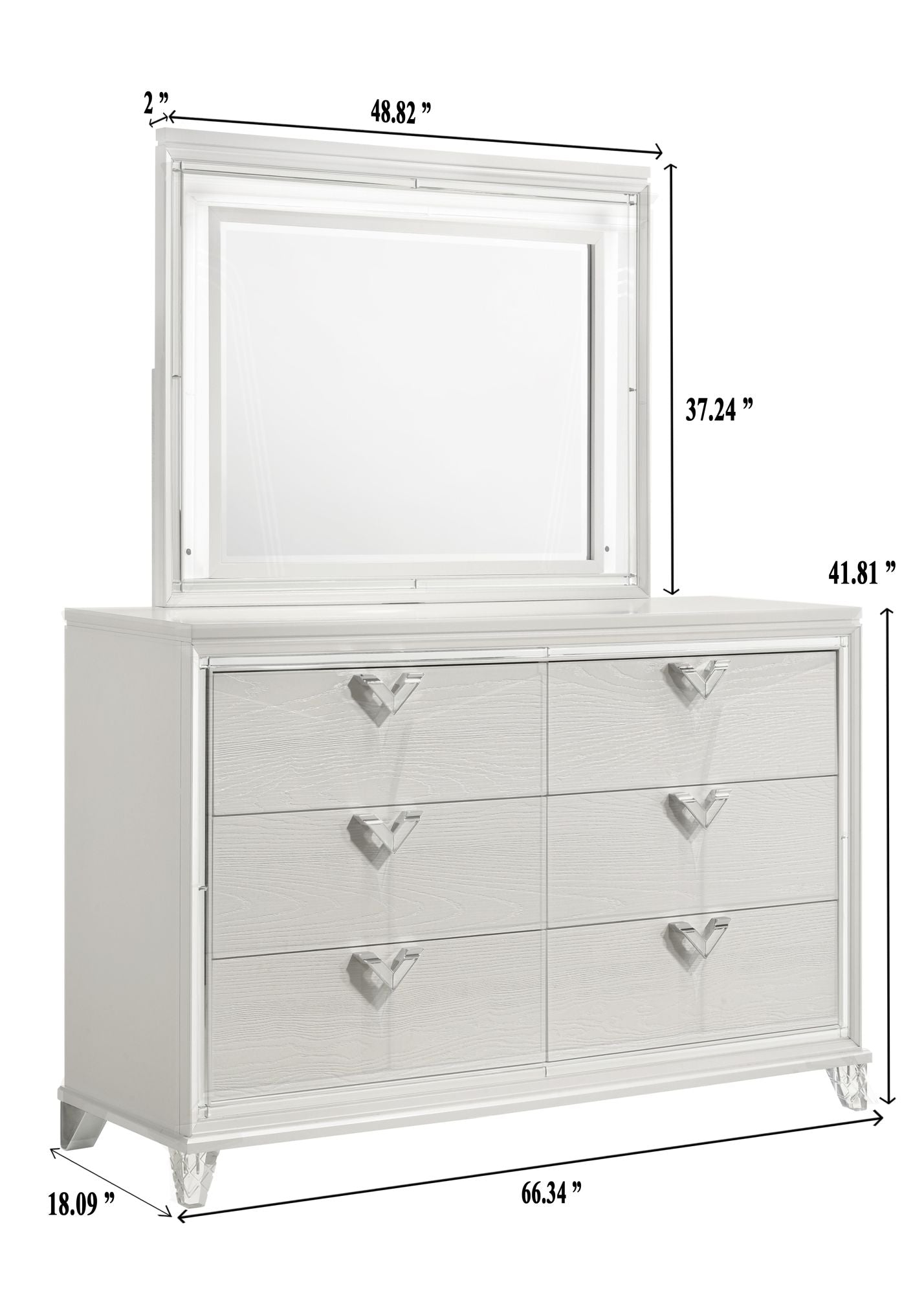 prism modern style 6-drawer dresser with mirror accent & v-shape handles in white
