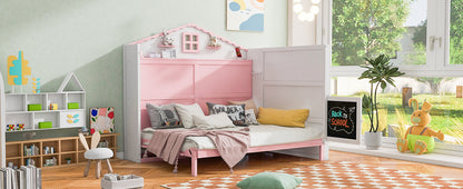 House Murphy Bed with USB, Storage Shelves and Blackboard, Pink+White