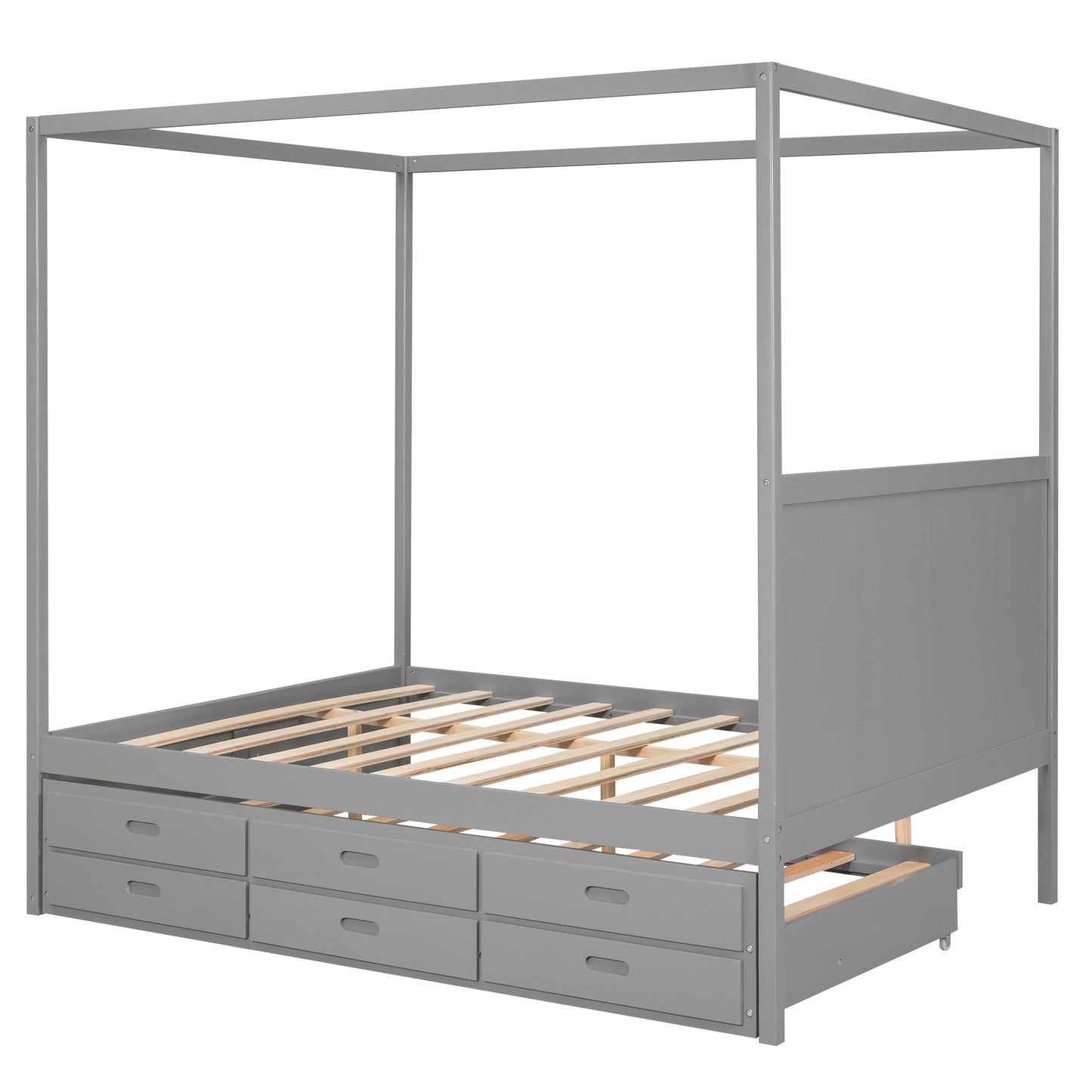 queen size canopy platform bed with twin size trundle and three storage drawers,gray