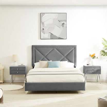 B109 Queen bed with two nightstands, + metal legs with Electroplate