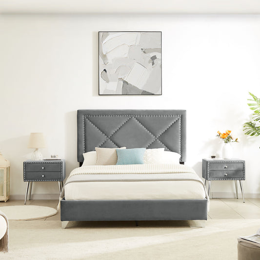 B109 Queen bed with two nightstands, + metal legs with Electroplate