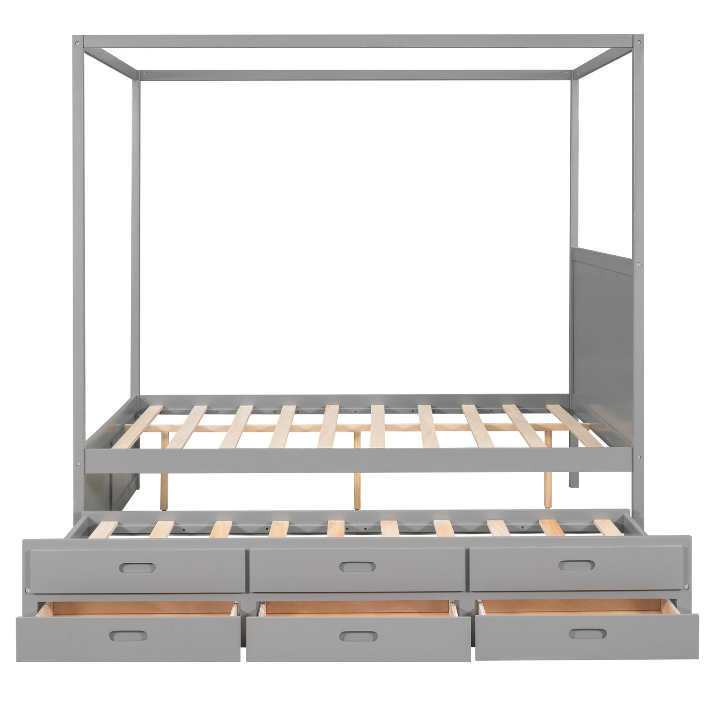 queen size canopy platform bed with twin size trundle and three storage drawers,gray