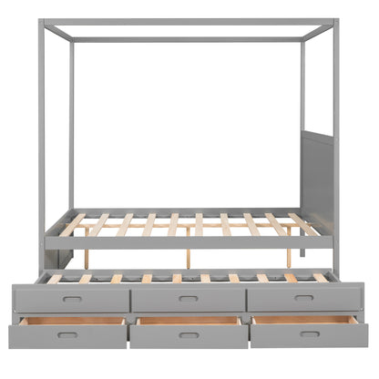 Queen Size Canopy Platform Bed with Twin Size Trundle and Three Storage Drawers,Gray