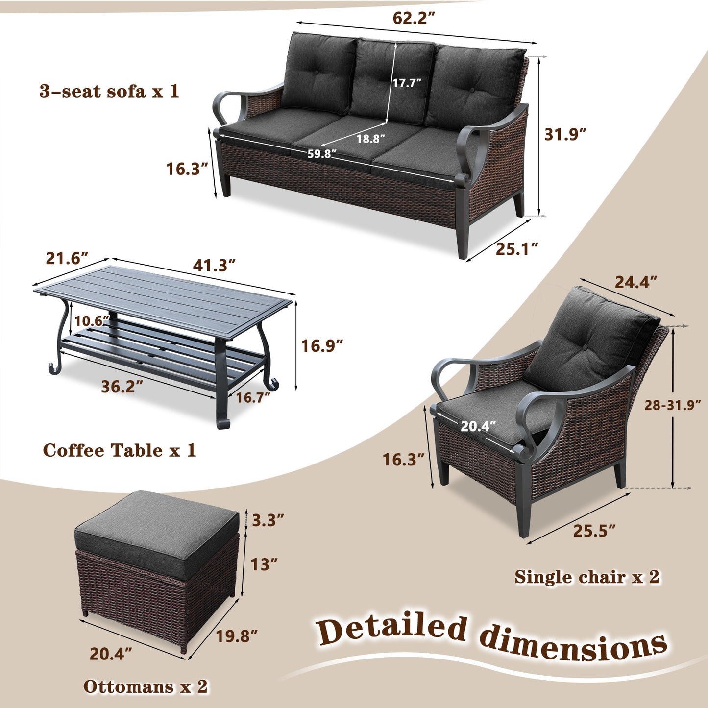 6 pcs outdoor sectional sofa with reclining backrest, ottomans, black cushions