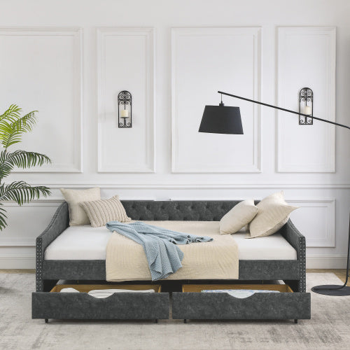 morgan queen size daybed with drawers upholstered tufted sofa bed, grey