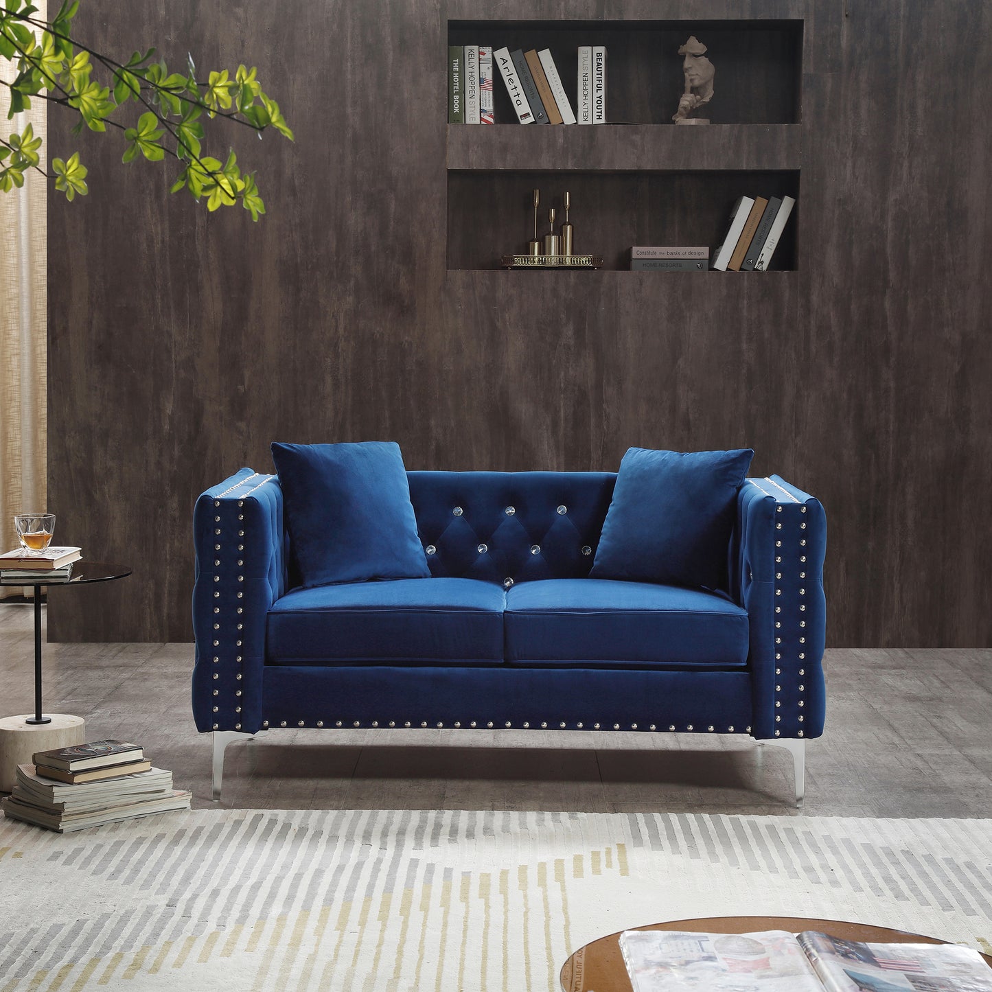 2 piece modern velvet living room set with 4 pillows included, blue