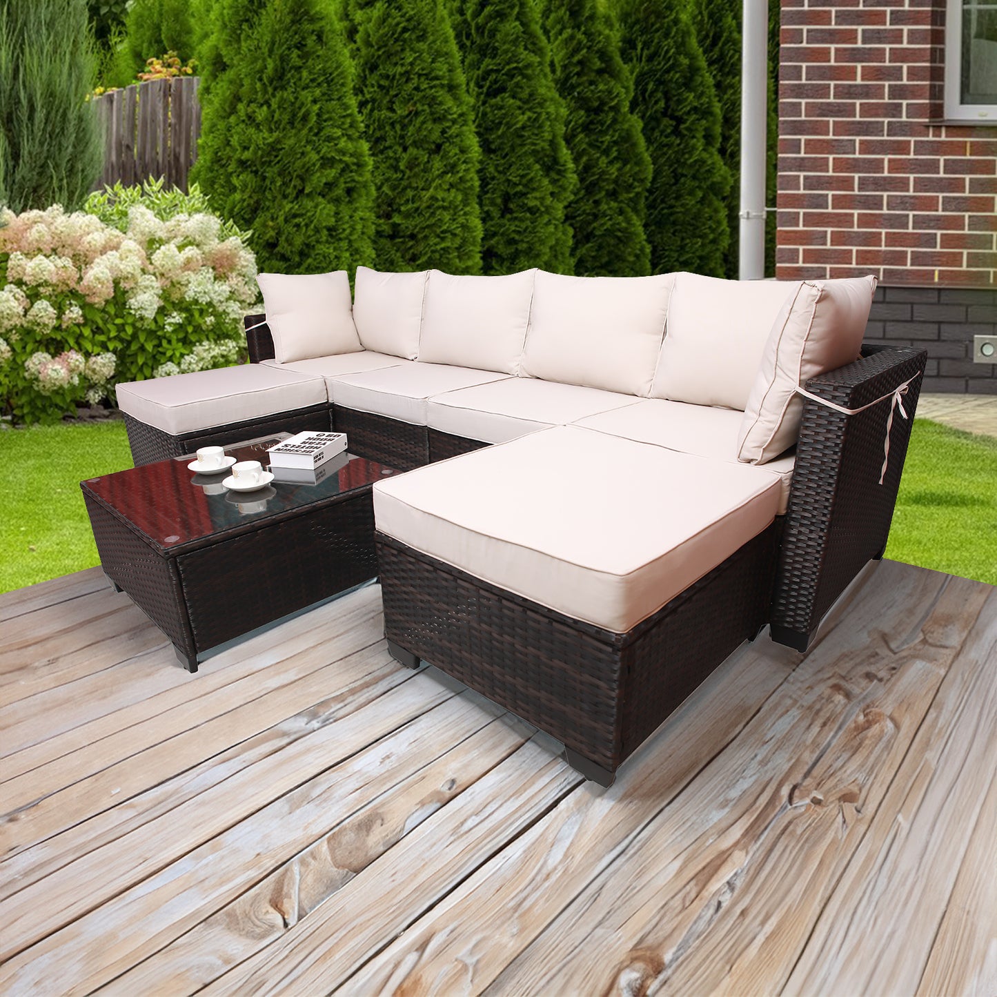 7 pieces outdoor patio sectional sofa couch set with washable cushions & glass coffee table