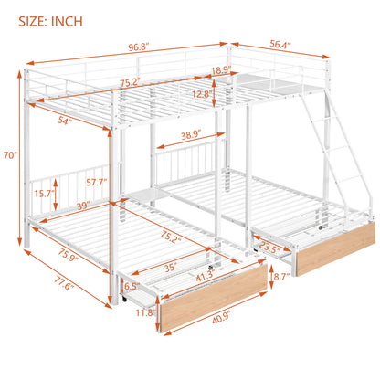 Full Over Twin & Twin Bunk Bed with Drawers and Guardrails, White