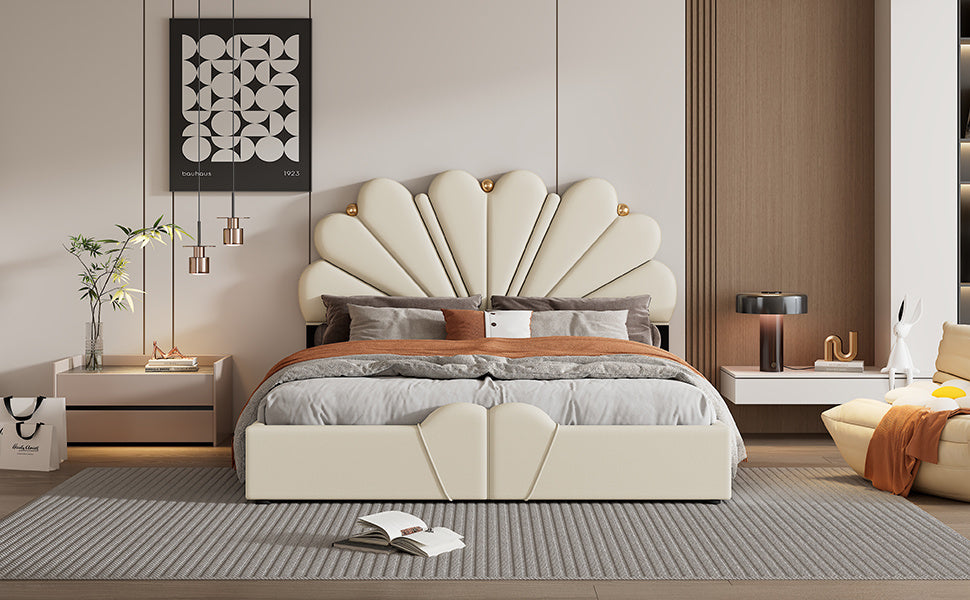 upholstered petal shaped platform bed with hydraulic storage system, pu storage bed, beige