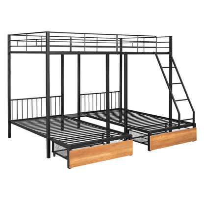 Full Over Twin & Twin Bunk Bed with Drawers and Guardrails, Black