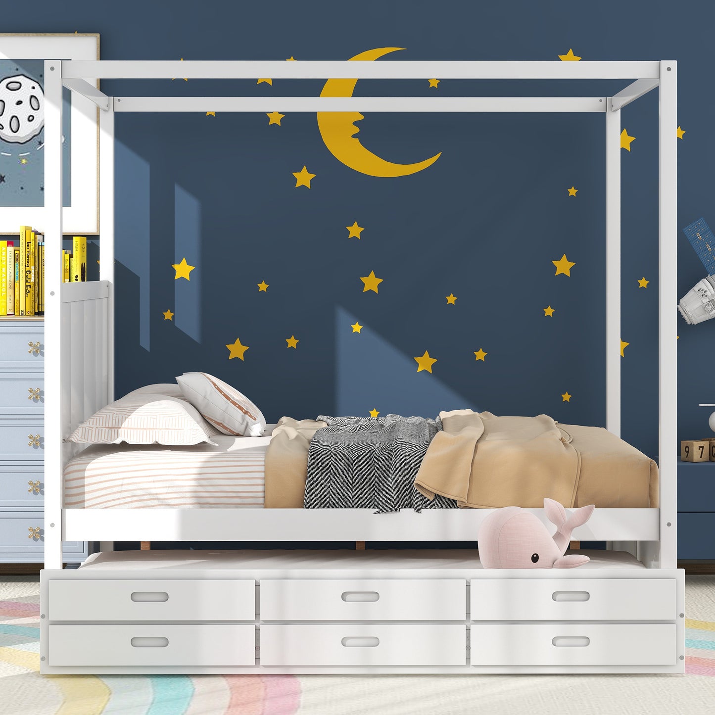queen size canopy platform bed with twin size trundle and three storage drawers,white