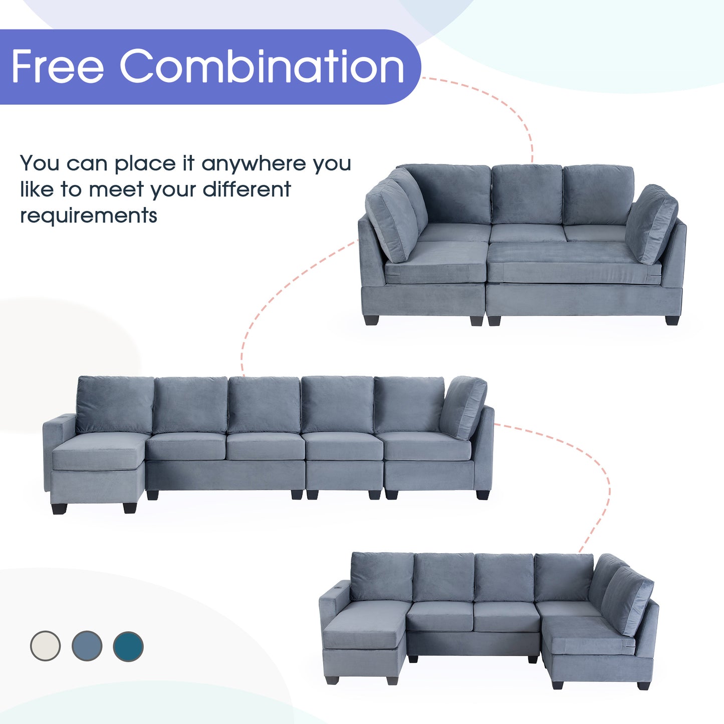 modern l shape sectional sofa with usb charging port, grey