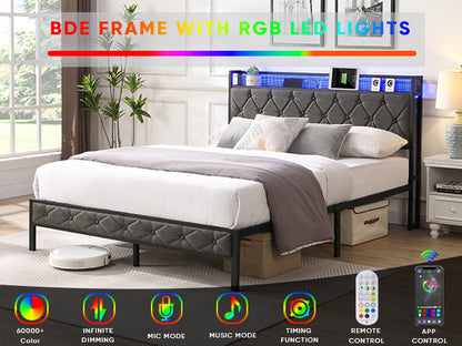 Queen Bed Frame with Storage Headboard, Charging Station and LED Lights,Dark Gray