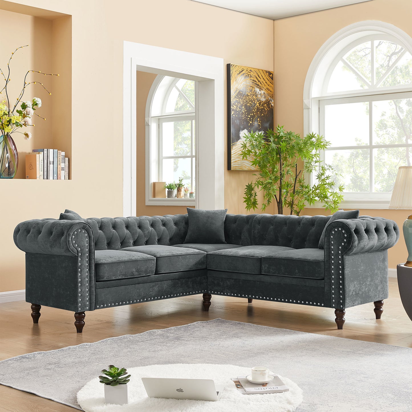 moe upholstered sectional, grey velvet