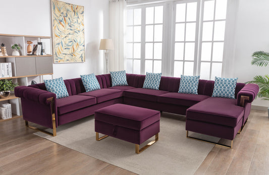 Maddie 8-Seater Sectional Sofa with Reversible Chaise and Storage Ottoman, Velvet Purple