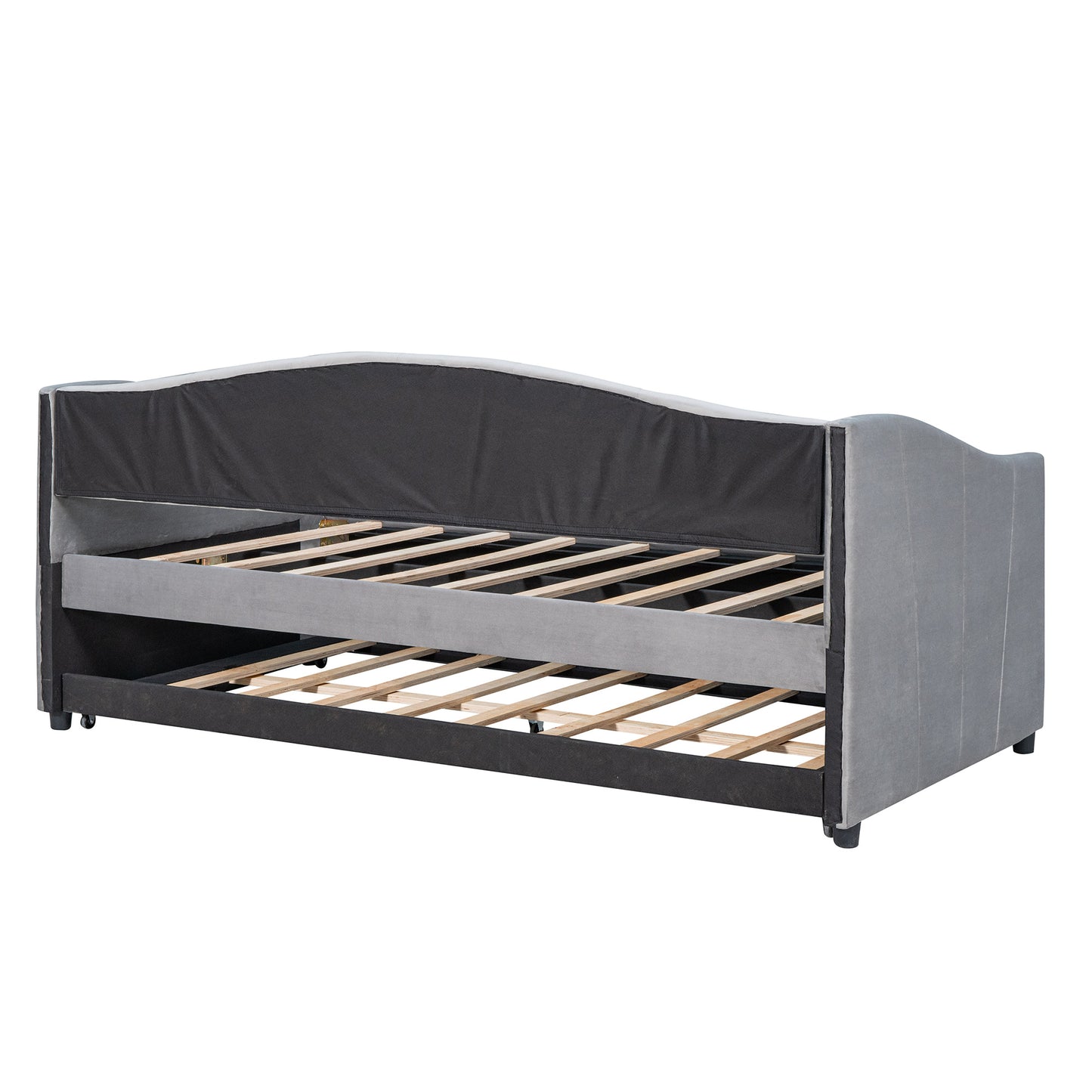 upholstered bed with trundle bed and wood slat ; gray