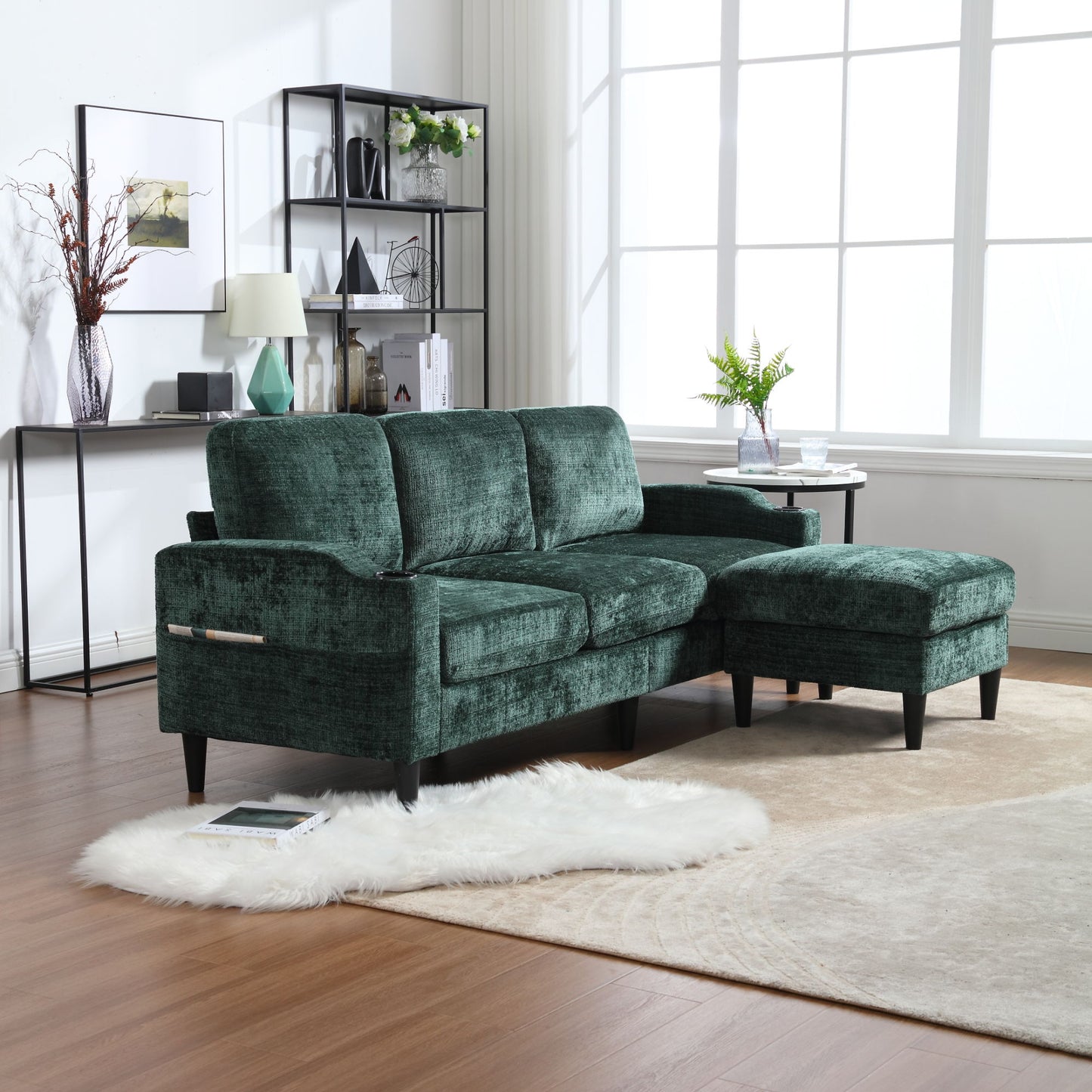zara storage/ cupholder sectional sofa, green