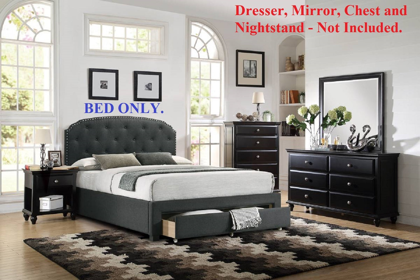 burlap bed with drawer button tufted headboard +storage, charcoal