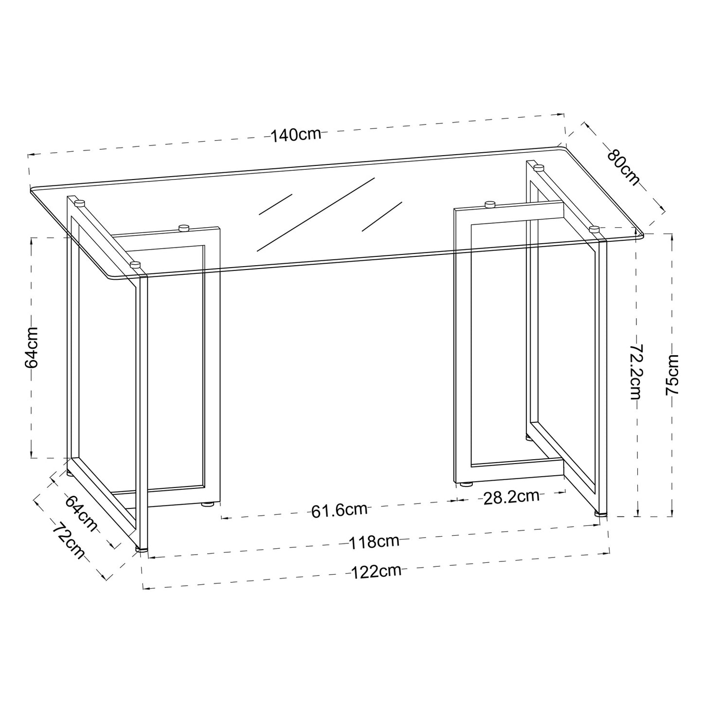 55.11'' iron dining table with tempered glass top, clear & gold