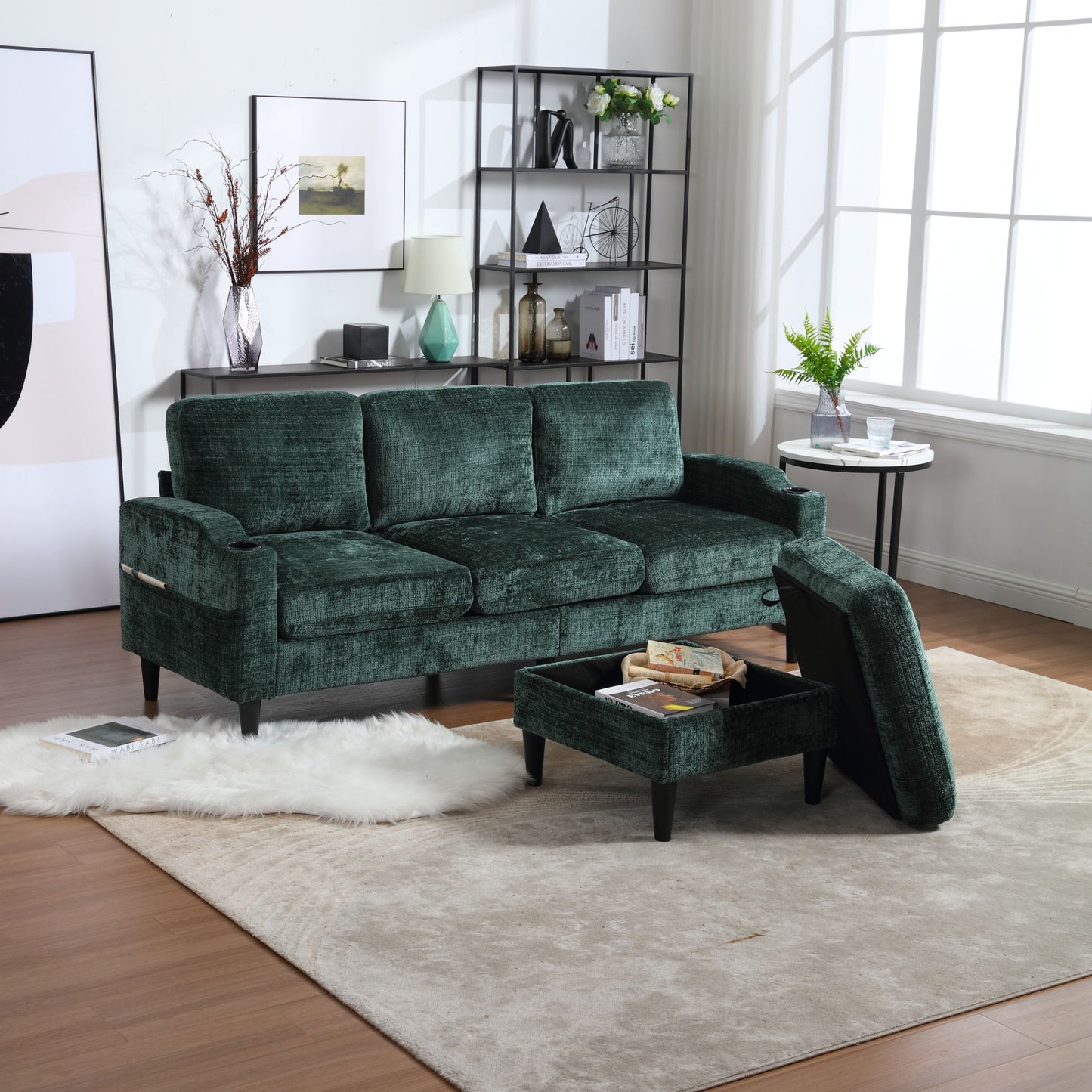 zara storage/ cupholder sectional sofa, green