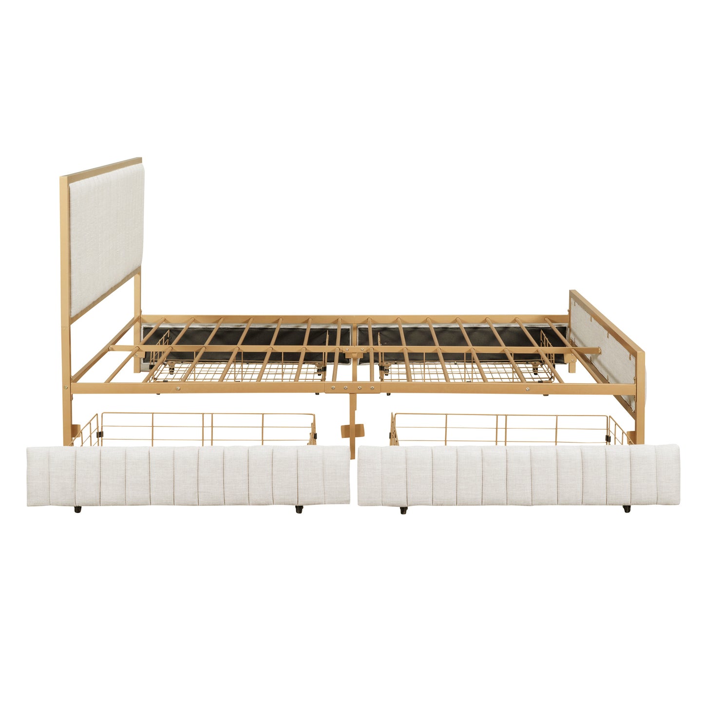 queen size metal frame upholstered bed with 4 drawers, linen fabric, beige