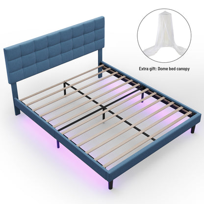 Square Upholstered Platform Bed with Lights Square Stitched
