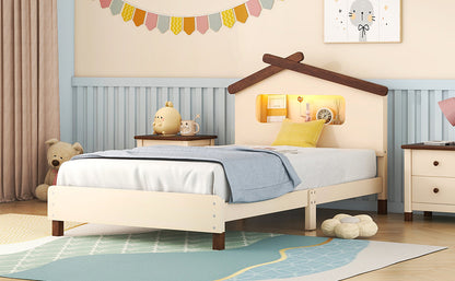 Wood Platform Bed with House-shaped Headboard and Motion Activated Night Lights, Cream+Walnut