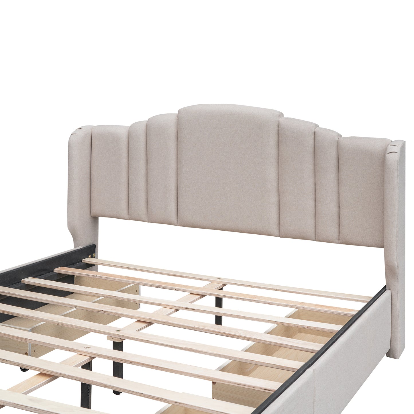 mie upholstered platform bed with wingback headboard and 4 drawers