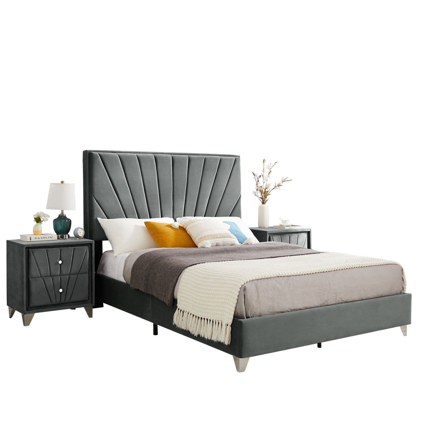b108 queen bed with two nightstands, + metal legs with electroplate