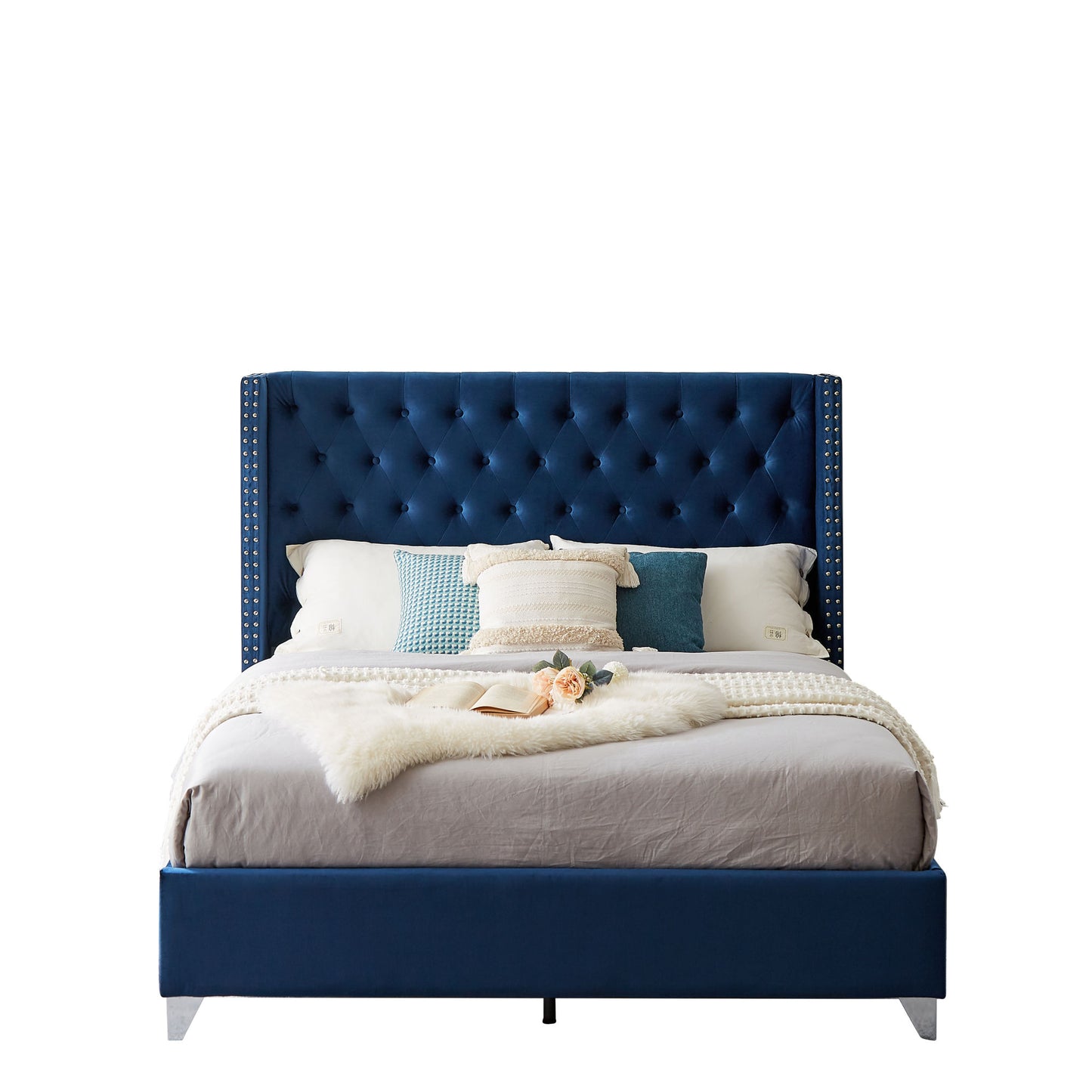 mox upholstered queen bed+ metal legs with electroplate