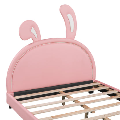 Upholstered Leather Platform Bed with Rabbit Ornament, Pink