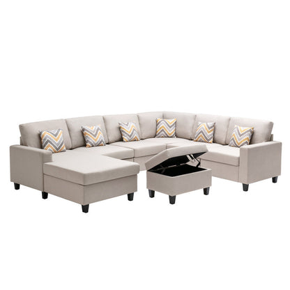 Nolan 7Pc Reversible Chaise Sectional Sofa with Interchangeable Legs, 6 Pillows and Storage Ottoman