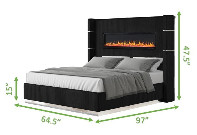 lizelle upholstery wooden queen bed with ambient lighting in black velvet finish