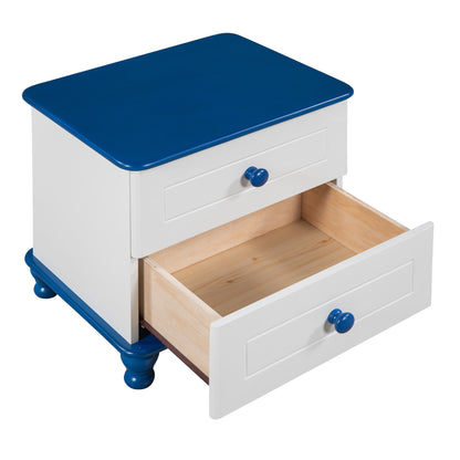 3-Pieces Boat-Shaped Platform Bed with Trundle and Two Nightstands, White+Blue