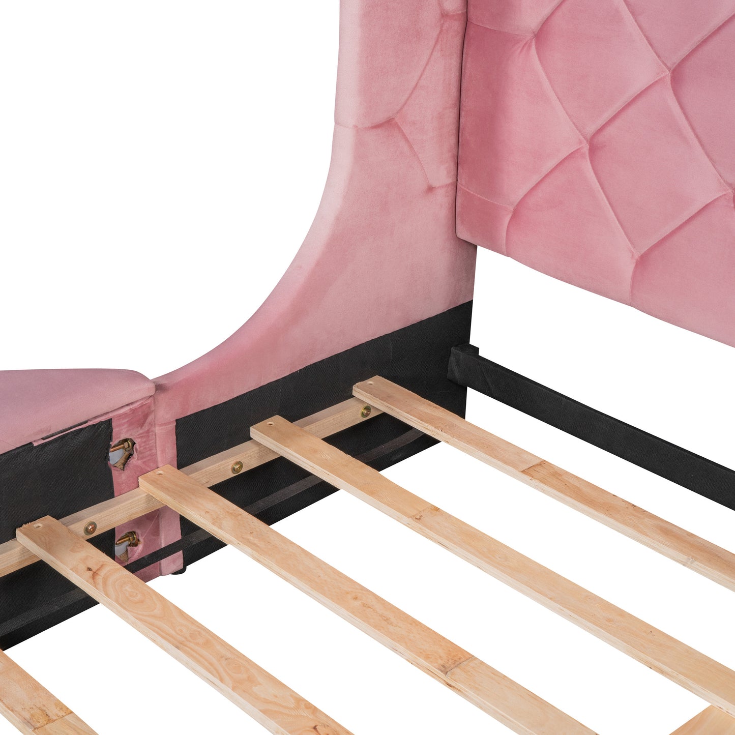 upholstered velvet platform bed with wingback headboard and 1 big drawer; 2 side storage stool