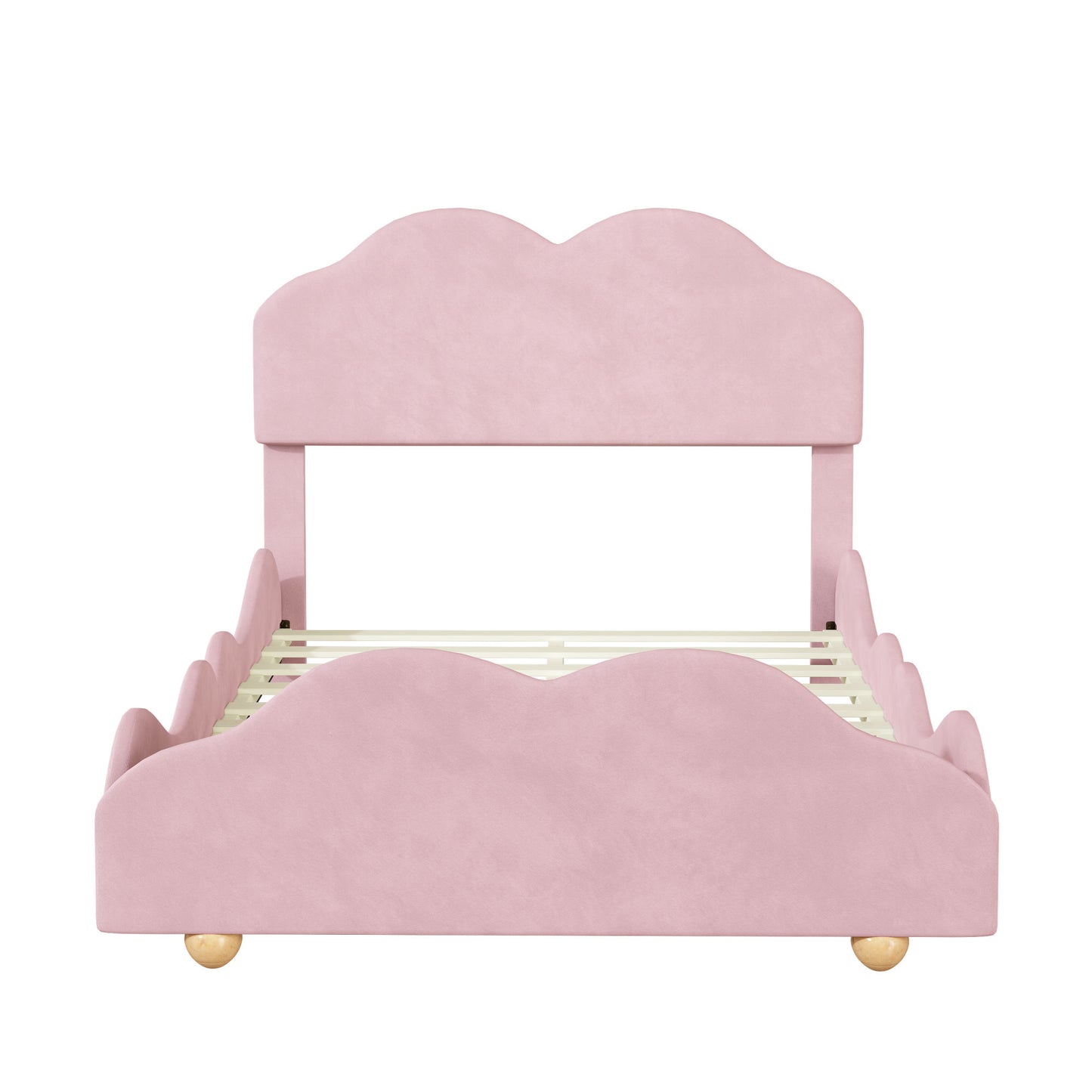 upholstered bed with cloud shaped bed board, light pink