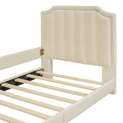 Maya Upholstered Bed with Classic Stripe Shaped Headboard, Beige