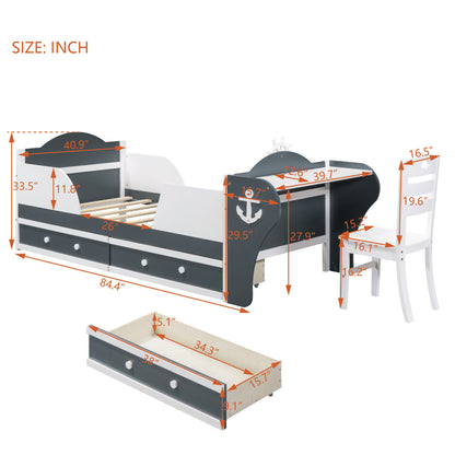 Boat-Shaped Platform Bed with Two Drawers, Desk and Chair, White+Gray
